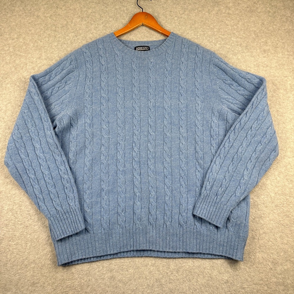 Lands End Cable Knit Sweater Mens XL Regular Blue 100% Lambswool Made in USA